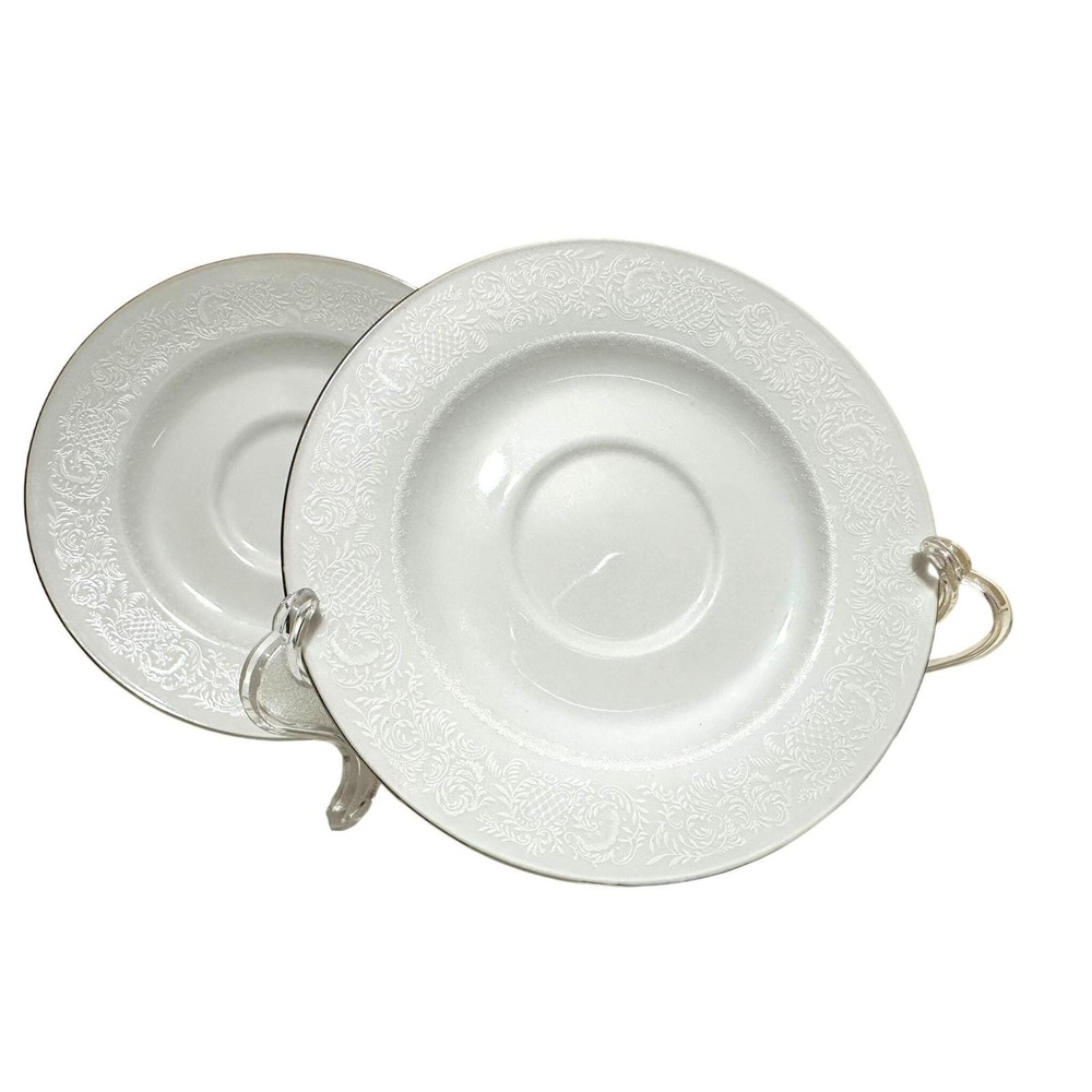 Set of 2 Johann Haviland Bavaria Germany 6" White Floral Silver-Tone Rim Saucers